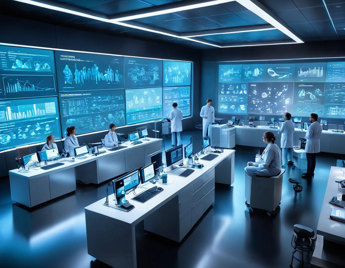 A futuristic laboratory scene showcasing scientists and researchers collaborating on personalized medicine, surrounded by advanced technology like DNA sequencers and interactive screens displaying clinical trial data. In the background, diverse patients are participating in trials, emphasizing inclusivity and innovation in healthcare. Bright, uplifting atmosphere with dynamic lighting to convey hope and progress. super-realistic. vibrant colors. modern design.