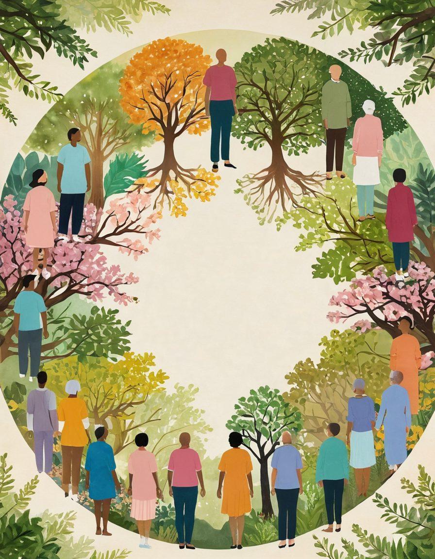 A serene and empowering collage featuring a diverse group of individuals, each representing different types of cancer, standing strong together in a circle. In the background, illuminating pathways symbolizing various treatment options and prevention strategies. Soft, warm colors that convey hope and resilience, with elements of nature like blooming flowers and sunlight filtering through trees. This image should evoke a sense of community, strength, and optimism. vibrant colors. super-realistic.