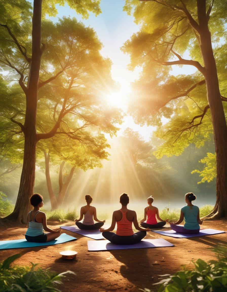 A serene scene depicting a diverse group of individuals engaged in supportive activities for health and well-being, including yoga, healthy cooking, and group discussions. The background features a calming nature setting with gentle sunlight filtering through trees, symbolizing hope and resilience. Incorporate elements like heart shapes, wellness symbols, and vibrant colors to evoke positivity. Illustrate a sense of community and empowerment in the air. super-realistic. vibrant colors. nature-focused.